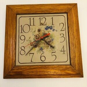 Vintage Square Wood Floral Print Wall Clock Rustic Farmhouse Country 80s Style